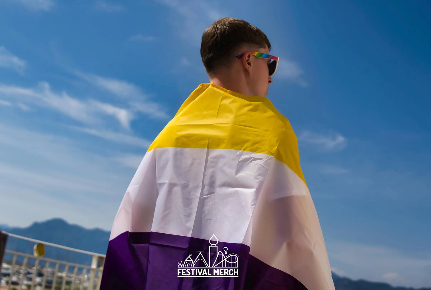 Non Binary Flag Large LGBT - 5ft by 3FT Pride Gay Lesbian Bi Trans Rainbow parade music festival party - Festival Merch