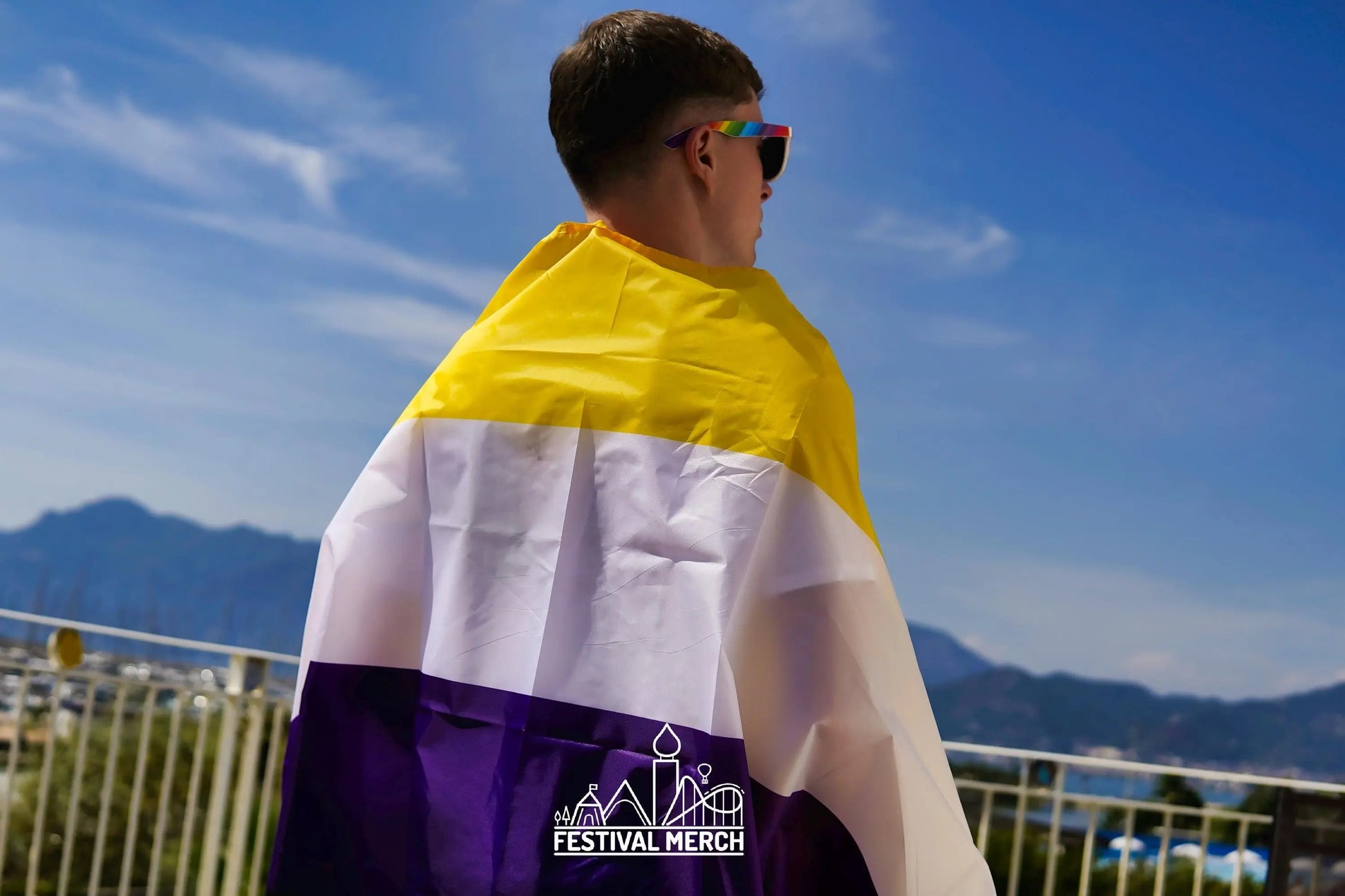 Non Binary Flag Large LGBT - 5ft by 3FT Pride Gay Lesbian Bi Trans Rainbow parade music festival party - Festival Merch