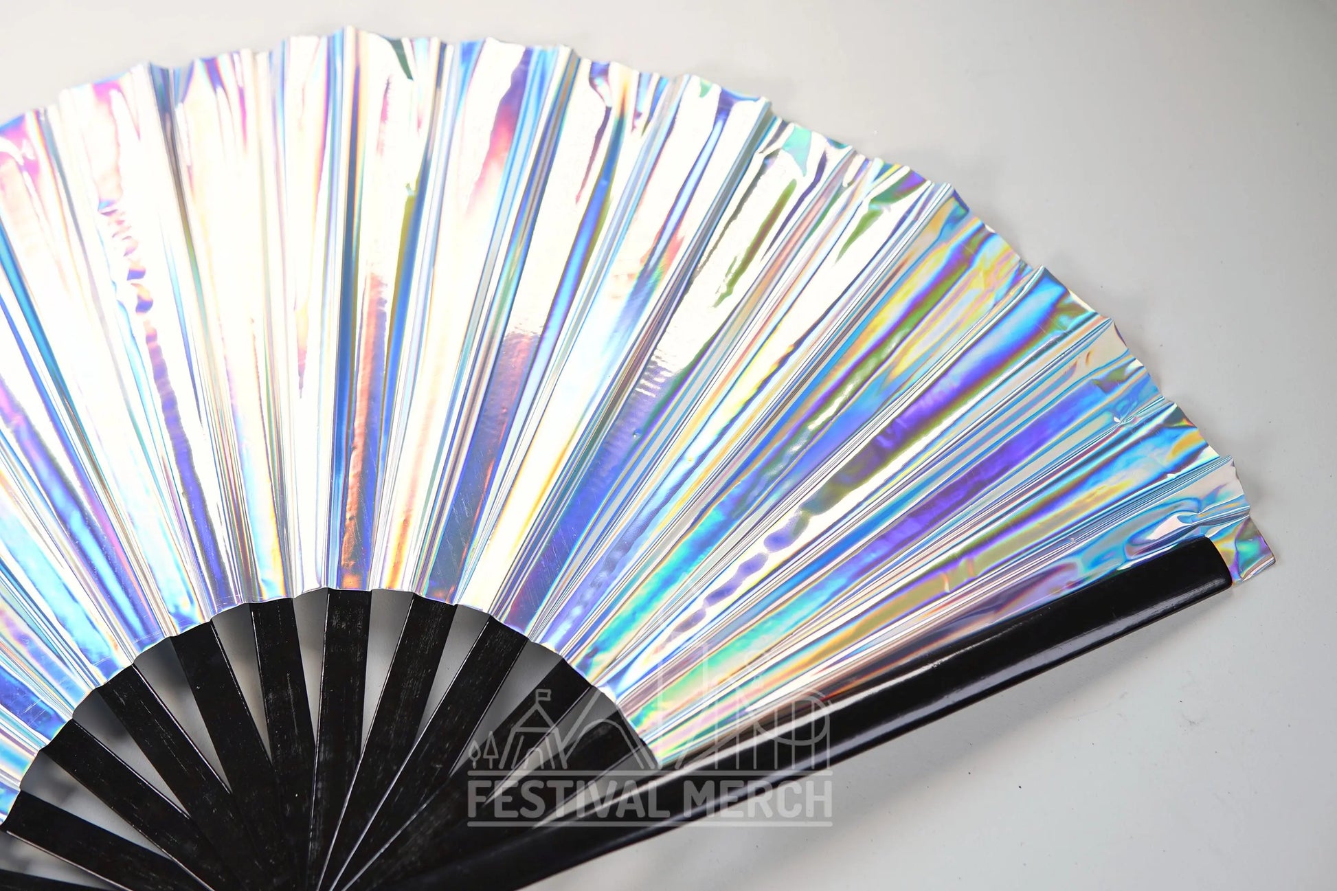 Iridescent Hand Fan XL Bamboo Festival Merch Vinyl Shimmer Clack Fan EDM Rave accessories Pride Festival Holographic Ibiza Holiday