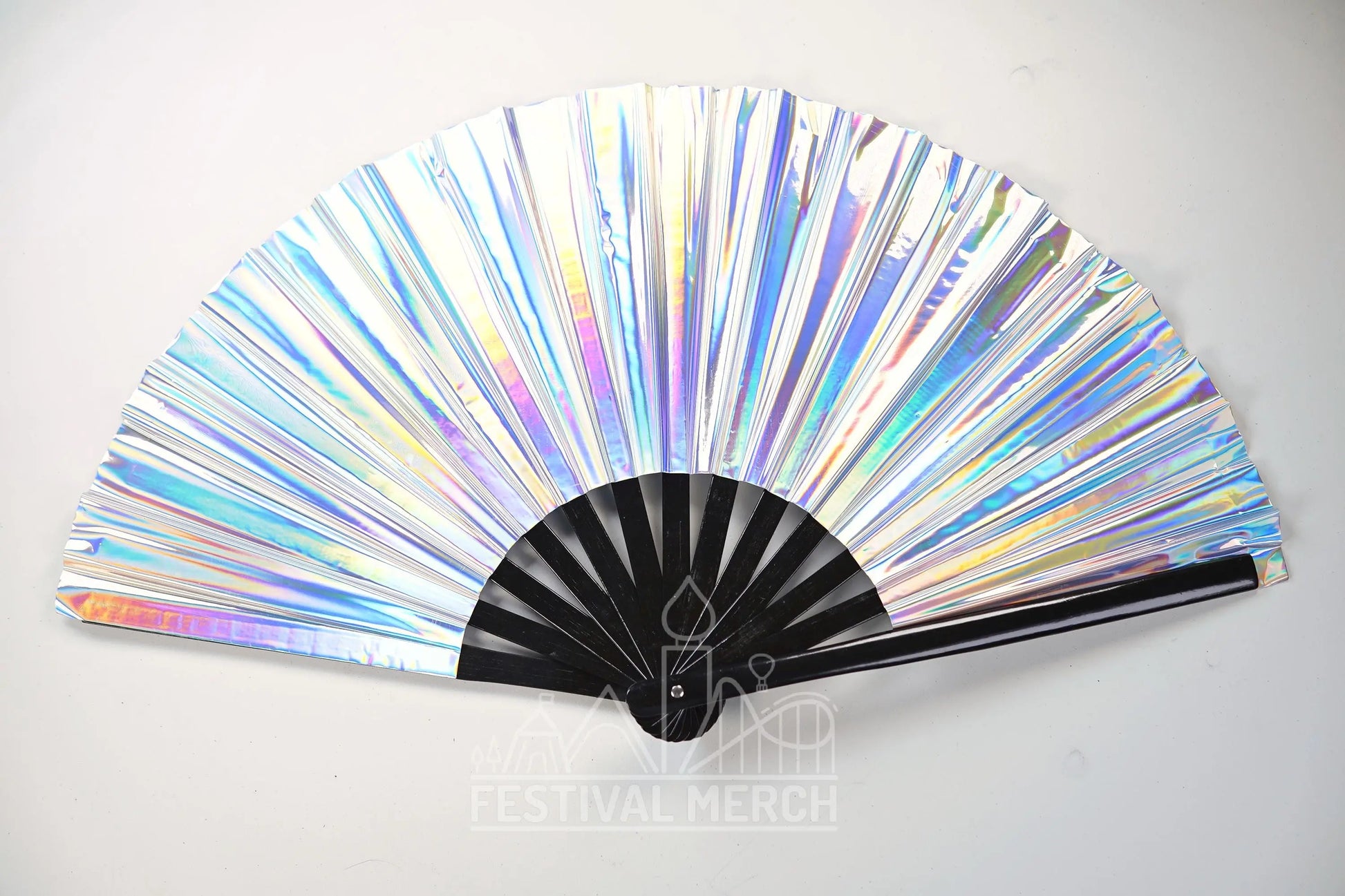 Iridescent Hand Fan XL Bamboo Festival Merch Vinyl Shimmer Clack Fan EDM Rave accessories Pride Festival Holographic Ibiza Holiday