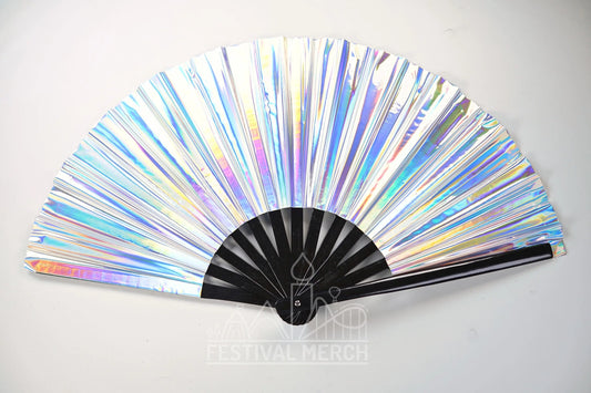 Iridescent Hand Fan XL Bamboo Festival Merch Vinyl Shimmer Clack Fan EDM Rave accessories Pride Festival Holographic Ibiza Holiday