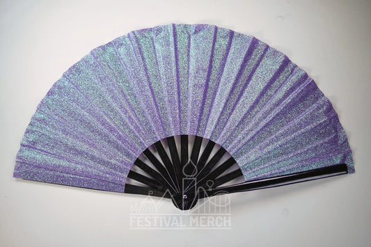 Iridescent Hand Fan XL Bamboo Festival Merch Vinyl Shimmer Clack Fan EDM Rave accessories Pride Festival Holographic Ibiza Holiday