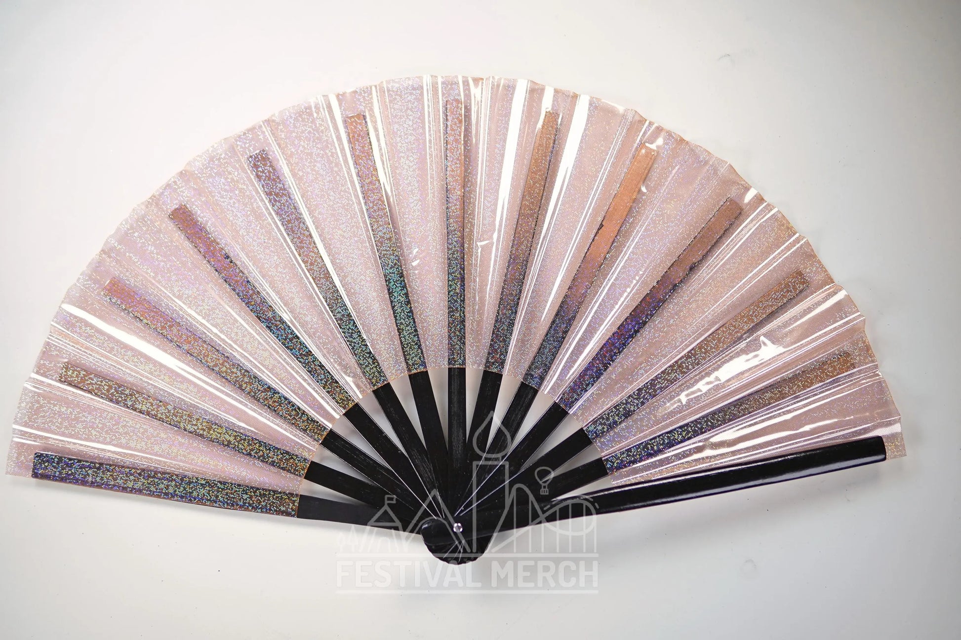 Iridescent Hand Fan XL Bamboo Festival Merch Vinyl Shimmer Clack Fan EDM Rave accessories Pride Festival Holographic Ibiza Holiday