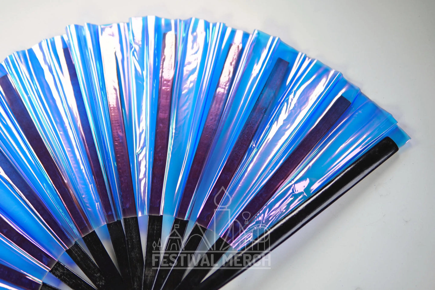 Iridescent Hand Fan XL Bamboo Festival Merch Vinyl Shimmer Clack Fan EDM Rave accessories Pride Festival Holographic Ibiza Holiday