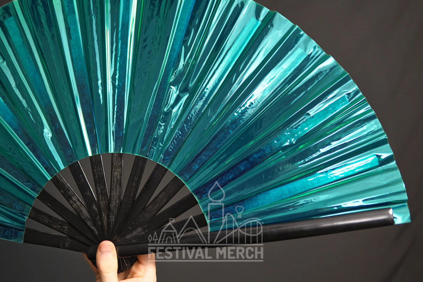 Iridescent Hand Fan XL Bamboo Festival Merch Vinyl Shimmer Clack Fan EDM Rave accessories Pride Festival Holographic Ibiza Holiday