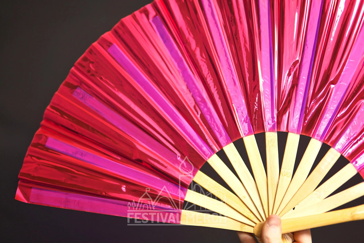 Iridescent Hand Fan XL Bamboo Festival Merch Vinyl Shimmer Clack Fan EDM Rave accessories Pride Festival Holographic Ibiza Holiday