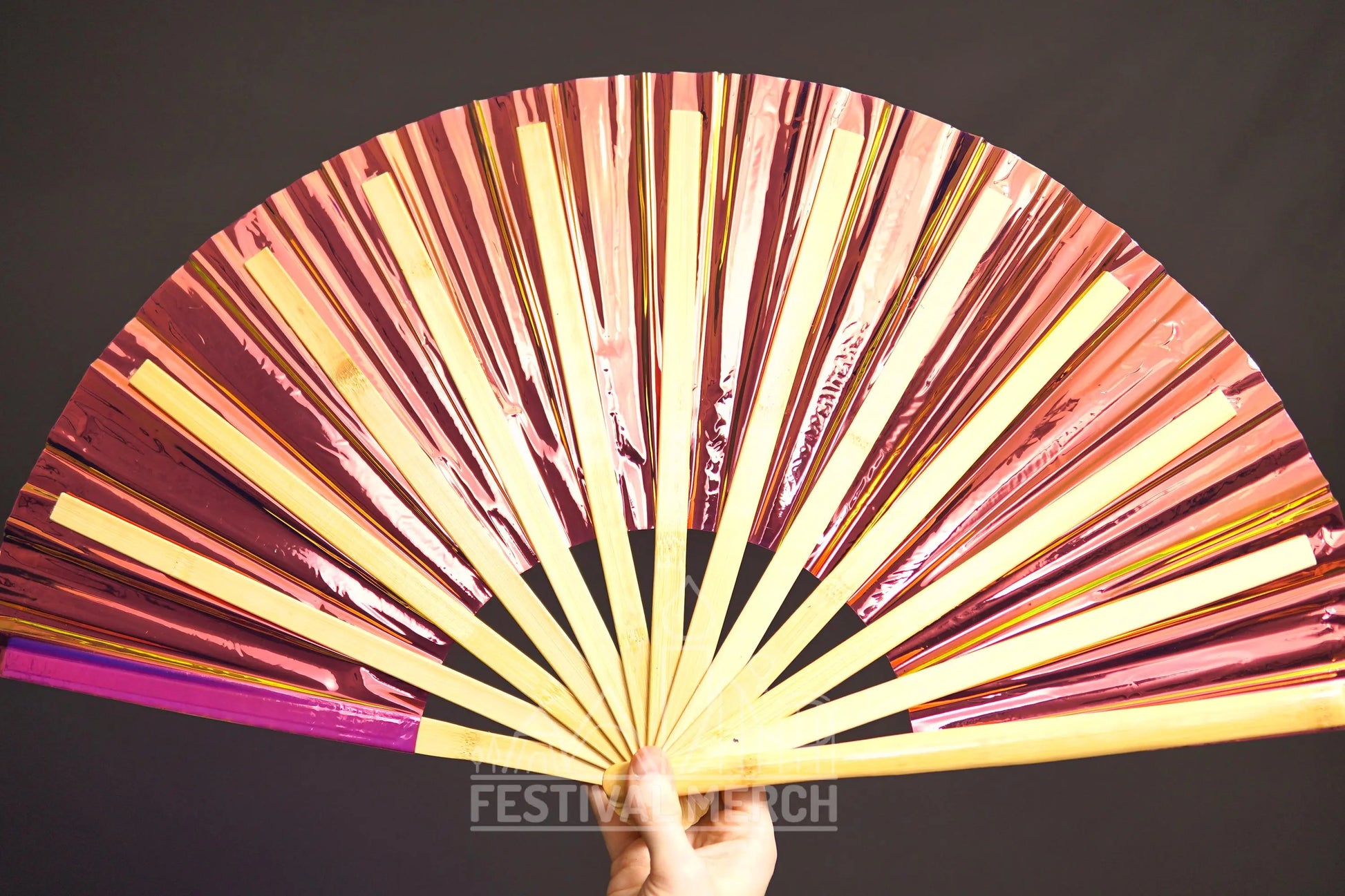 Iridescent Hand Fan XL Bamboo Festival Merch Vinyl Shimmer Clack Fan EDM Rave accessories Pride Festival Holographic Ibiza Holiday
