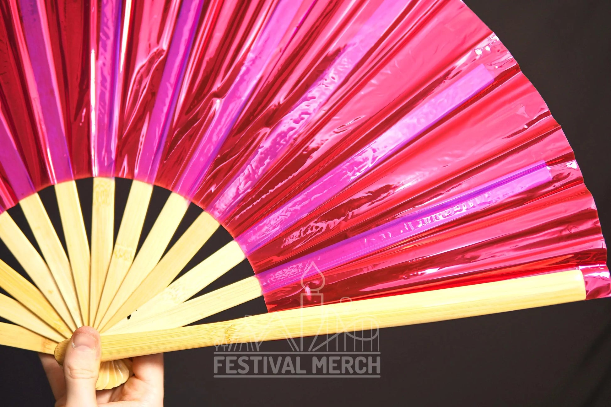 Iridescent Hand Fan XL Bamboo Festival Merch Vinyl Shimmer Clack Fan EDM Rave accessories Pride Festival Holographic Ibiza Holiday
