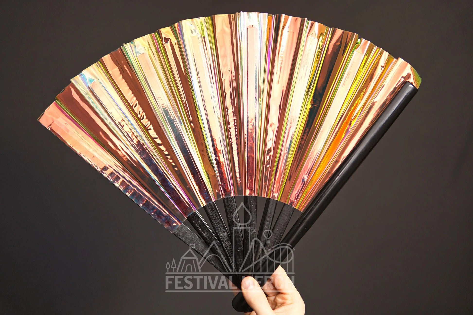 Iridescent Hand Fan XL Bamboo Festival Merch Vinyl Shimmer Clack Fan EDM Rave accessories Pride Festival Holographic Ibiza Holiday
