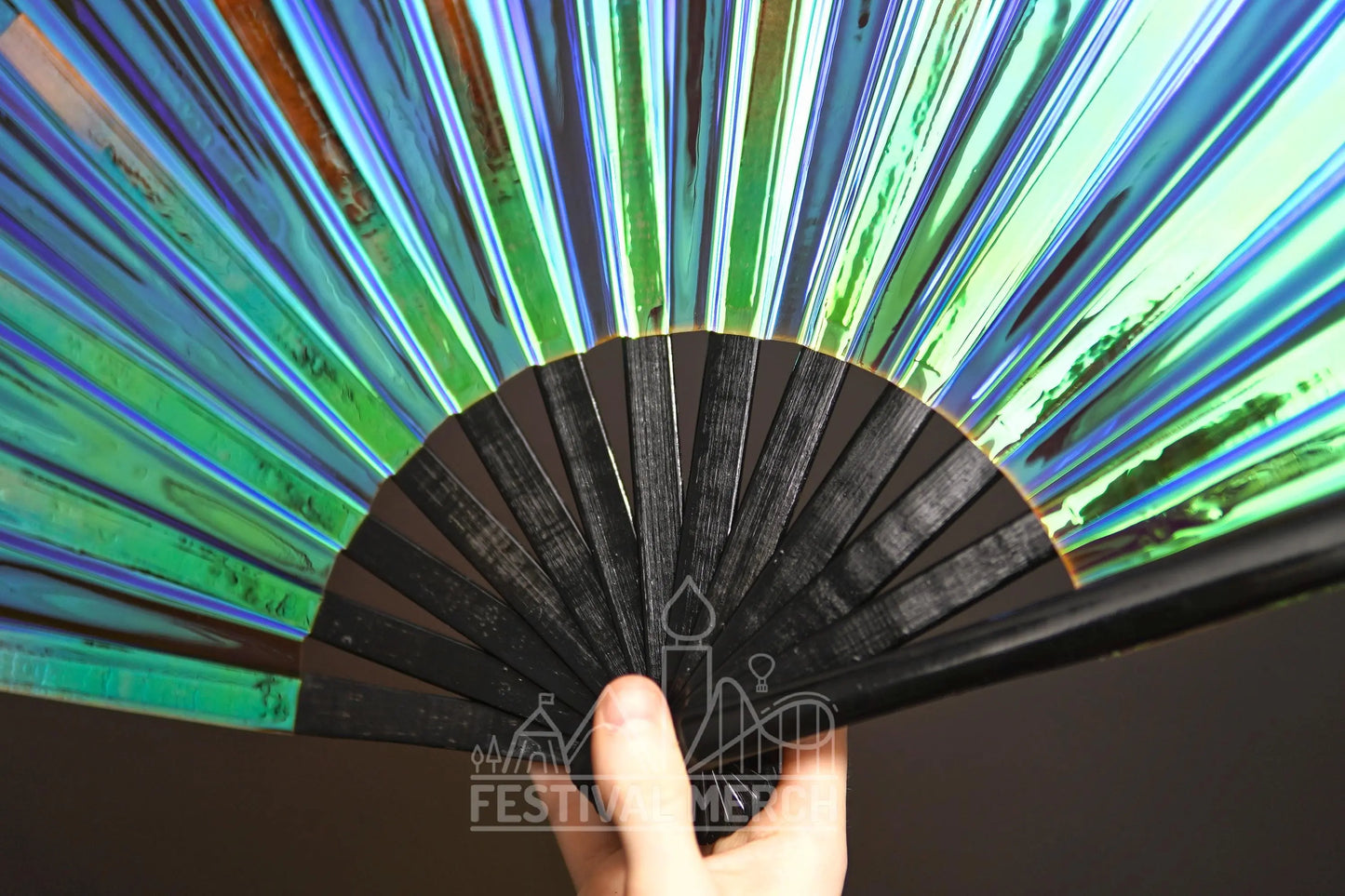 Iridescent Hand Fan XL Bamboo Festival Merch Vinyl Shimmer Clack Fan EDM Rave accessories Pride Festival Holographic Ibiza Holiday