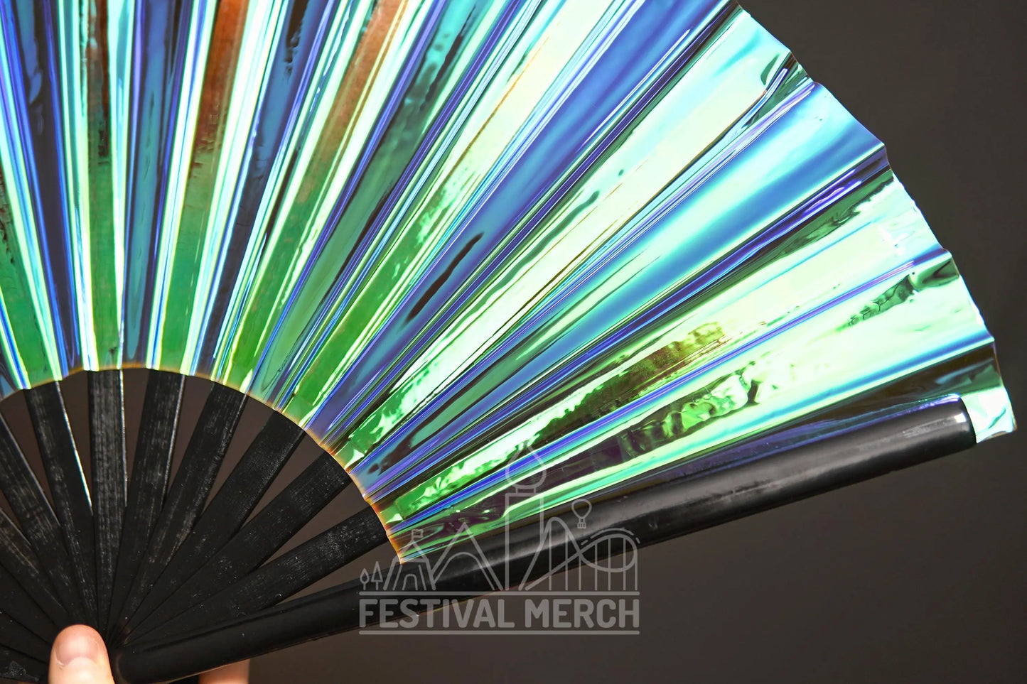 Iridescent Hand Fan XL Bamboo Festival Merch Vinyl Shimmer Clack Fan EDM Rave accessories Pride Festival Holographic Ibiza Holiday