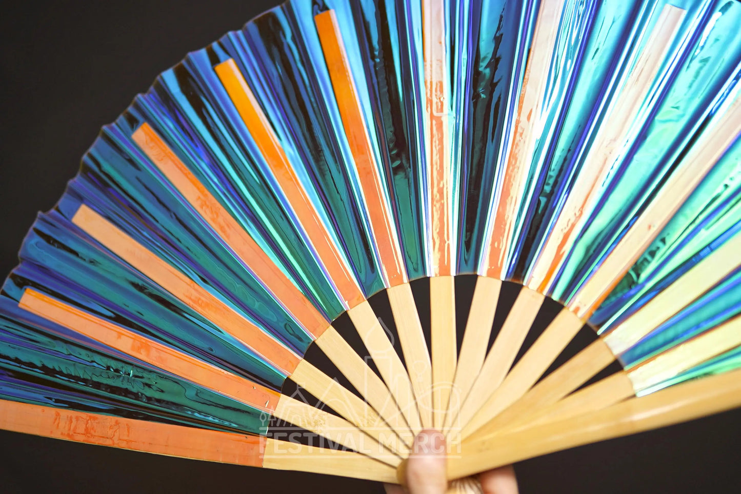 Iridescent Hand Fan XL Bamboo Festival Merch Vinyl Shimmer Clack Fan EDM Rave accessories Pride Festival Holographic Ibiza Holiday