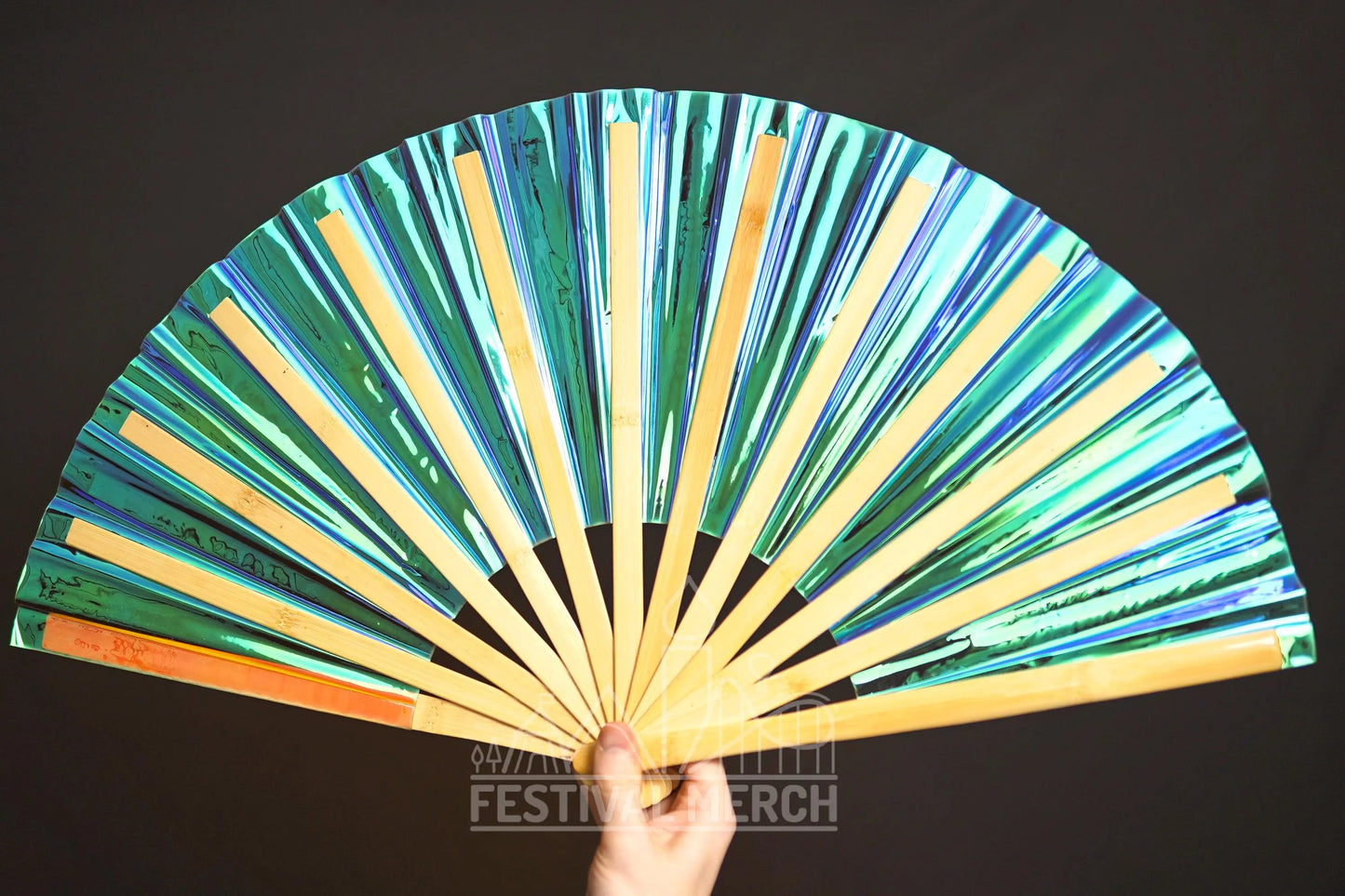 Iridescent Hand Fan XL Bamboo Festival Merch Vinyl Shimmer Clack Fan EDM Rave accessories Pride Festival Holographic Ibiza Holiday