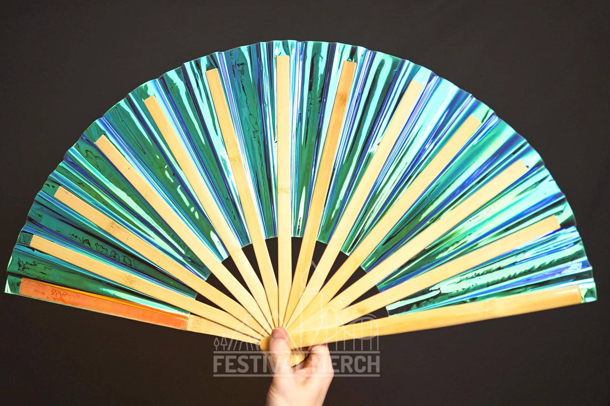 Iridescent Hand Fan XL Bamboo Festival Merch Vinyl Shimmer Clack Fan EDM Rave accessories Pride Festival Holographic Ibiza Holiday