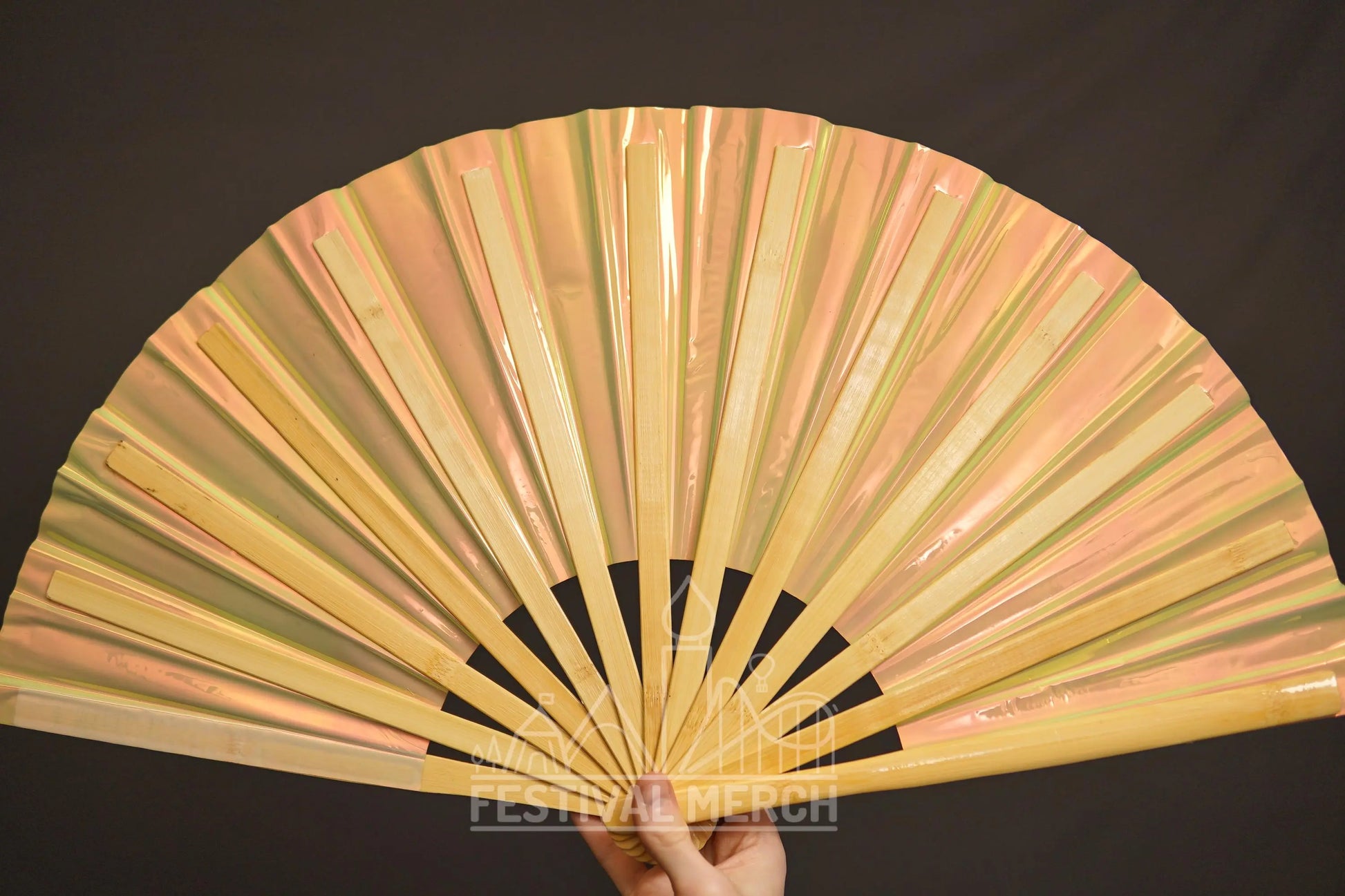 Iridescent Hand Fan XL Bamboo Festival Merch Vinyl Shimmer Clack Fan EDM Rave accessories Pride Festival Holographic Ibiza Holiday