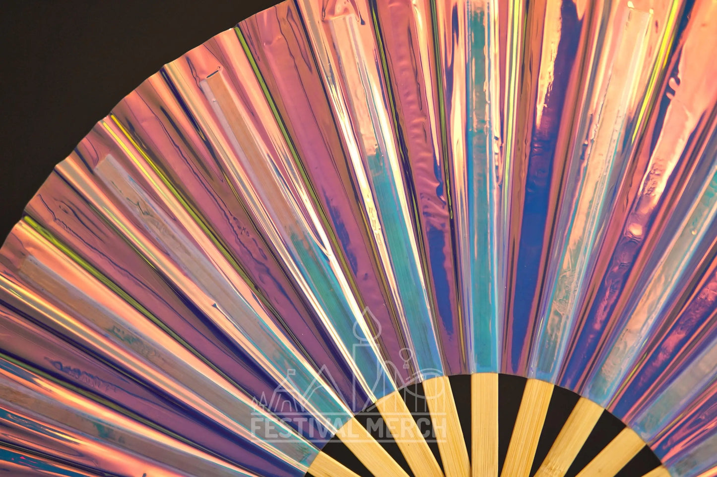 Iridescent Hand Fan XL Bamboo Festival Merch Vinyl Shimmer Clack Fan EDM Rave accessories Pride Festival Holographic Ibiza Holiday