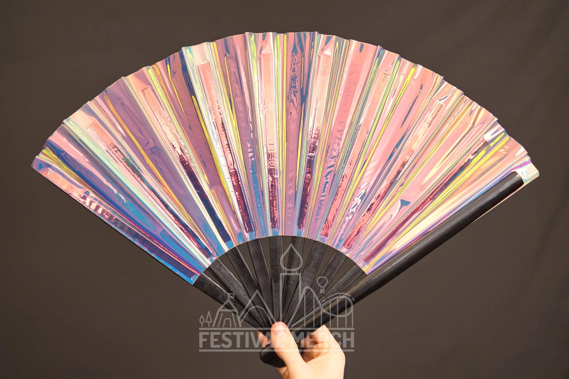 Iridescent Hand Fan XL Bamboo Festival Merch Vinyl Shimmer Clack Fan EDM Rave accessories Pride Festival Holographic Ibiza Holiday