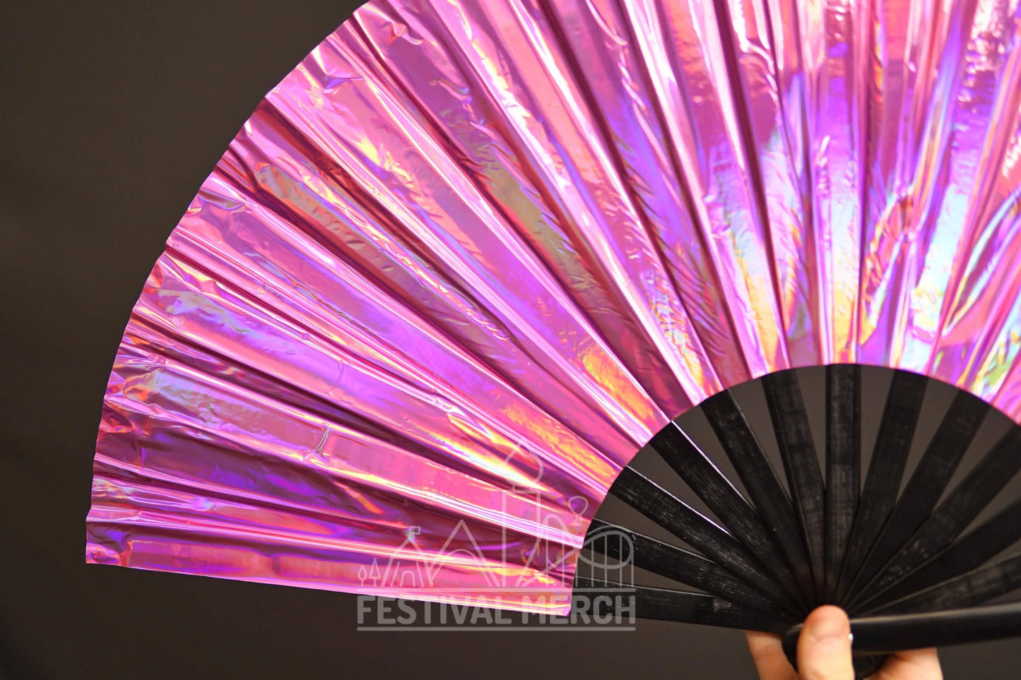 Iridescent Hand Fan XL Bamboo Festival Merch Vinyl Shimmer Clack Fan EDM Rave accessories Pride Festival Holographic Ibiza Holiday