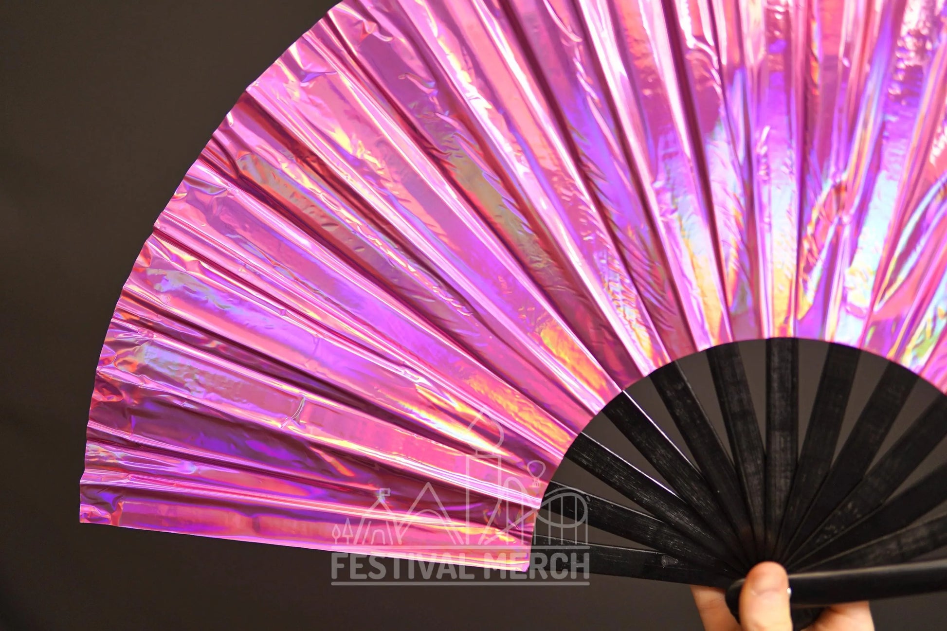 Iridescent Hand Fan XL Bamboo Festival Merch Vinyl Shimmer Clack Fan EDM Rave accessories Pride Festival Holographic Ibiza Holiday