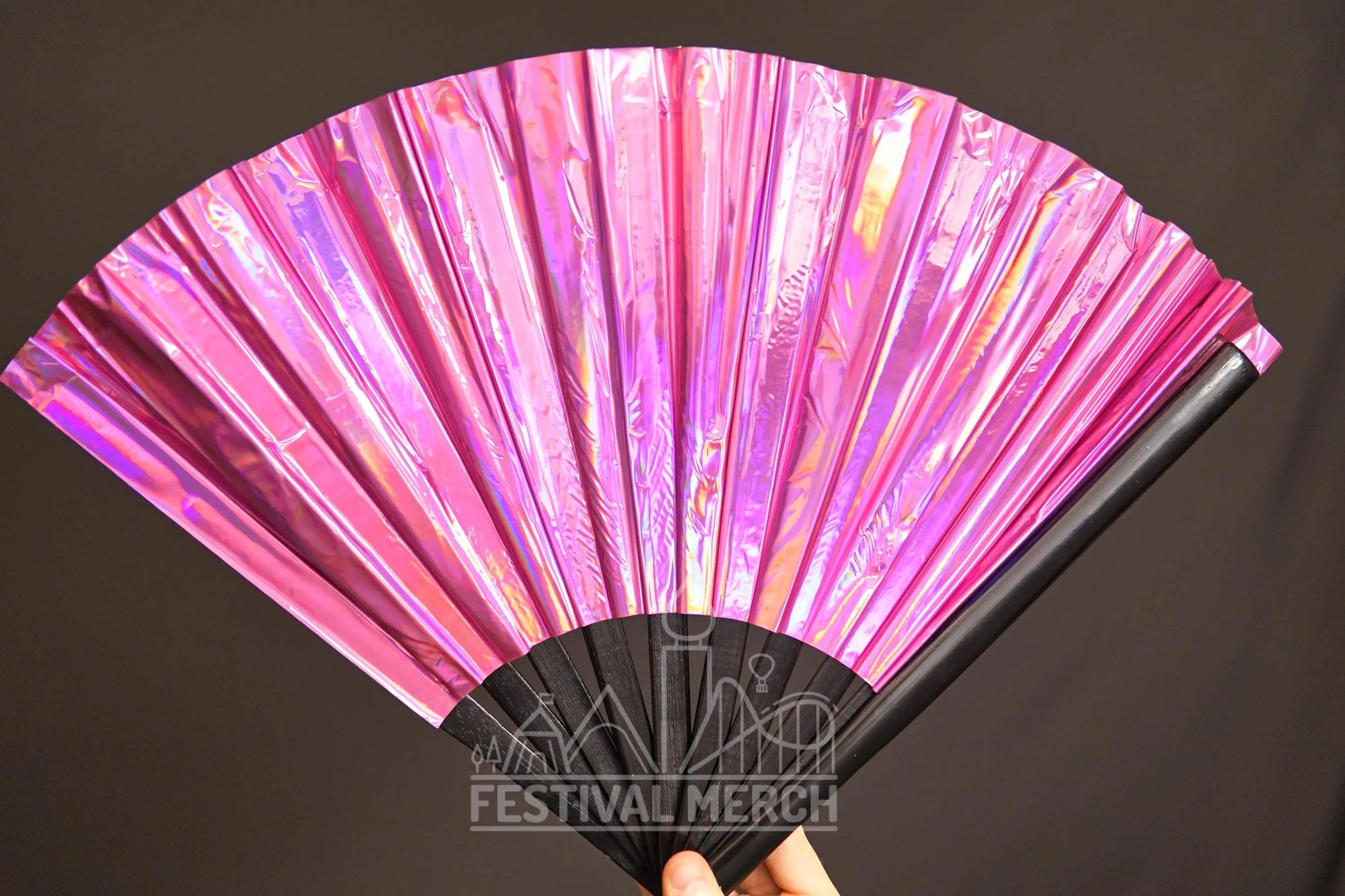 Iridescent Hand Fan XL Bamboo Festival Merch Vinyl Shimmer Clack Fan EDM Rave accessories Pride Festival Holographic Ibiza Holiday