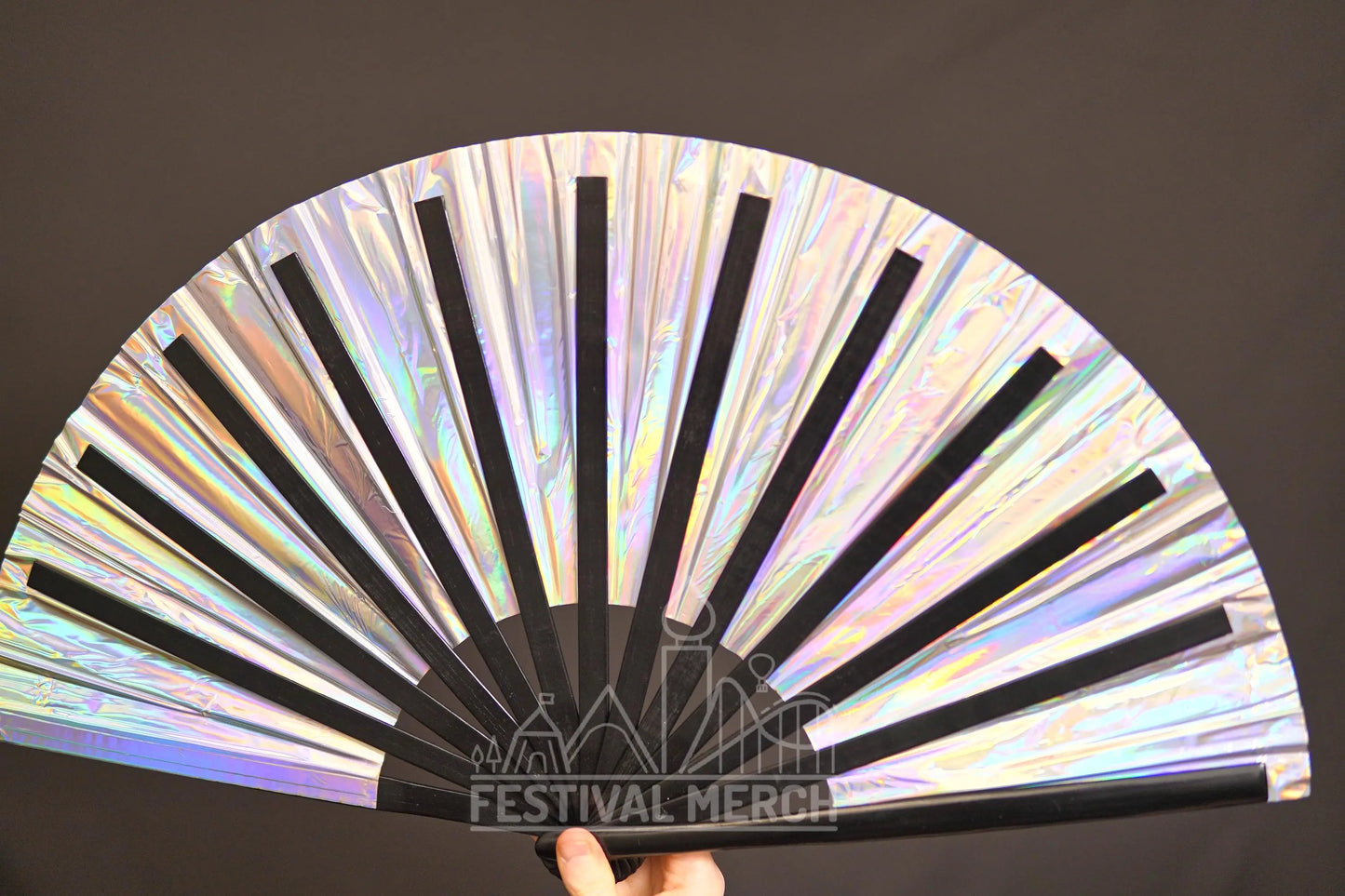 Iridescent Hand Fan XL Bamboo Festival Merch Vinyl Shimmer Clack Fan EDM Rave accessories Pride Festival Holographic Ibiza Holiday