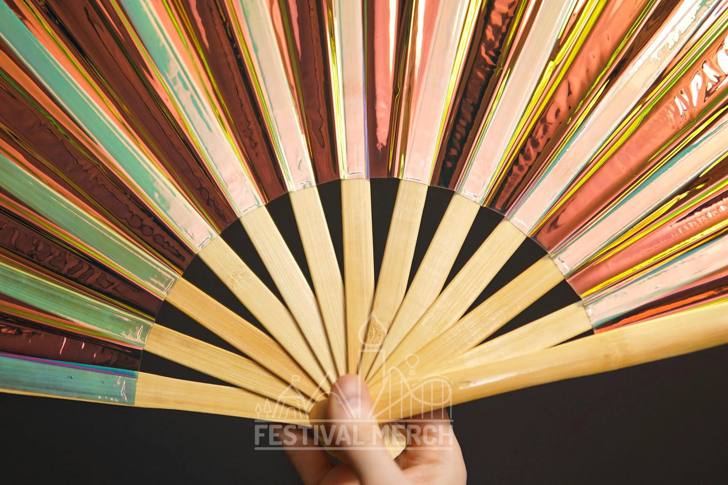 Iridescent Hand Fan XL Bamboo Festival Merch Vinyl Shimmer Clack Fan EDM Rave accessories Pride Festival Holographic Ibiza Holiday