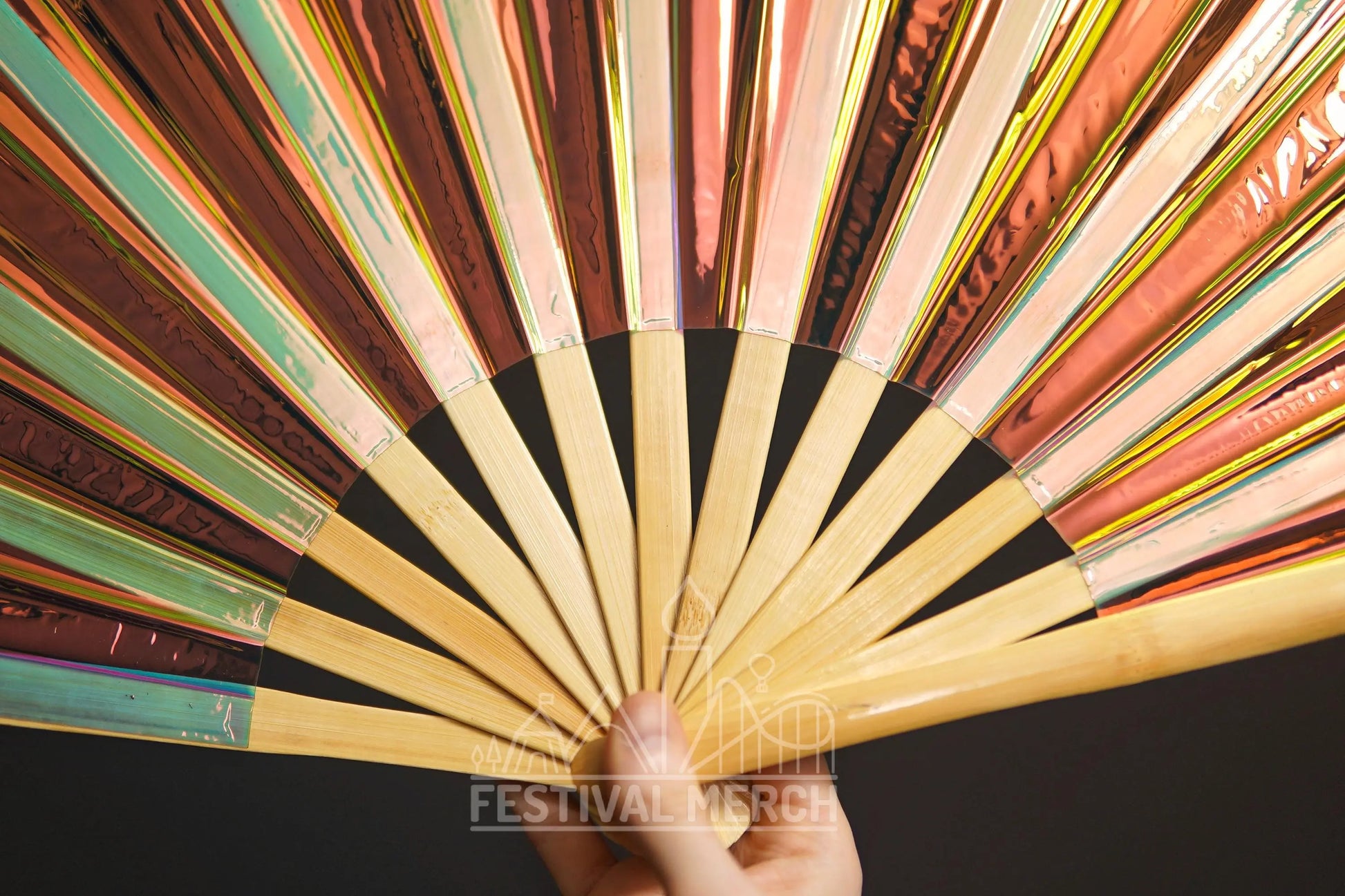 Iridescent Hand Fan XL Bamboo Festival Merch Vinyl Shimmer Clack Fan EDM Rave accessories Pride Festival Holographic Ibiza Holiday