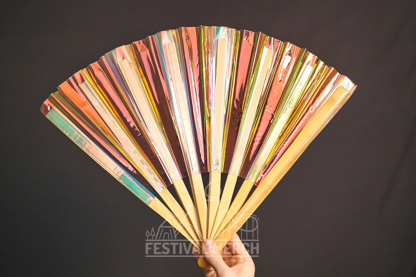 Iridescent Hand Fan XL Bamboo Festival Merch Vinyl Shimmer Clack Fan EDM Rave accessories Pride Festival Holographic Ibiza Holiday