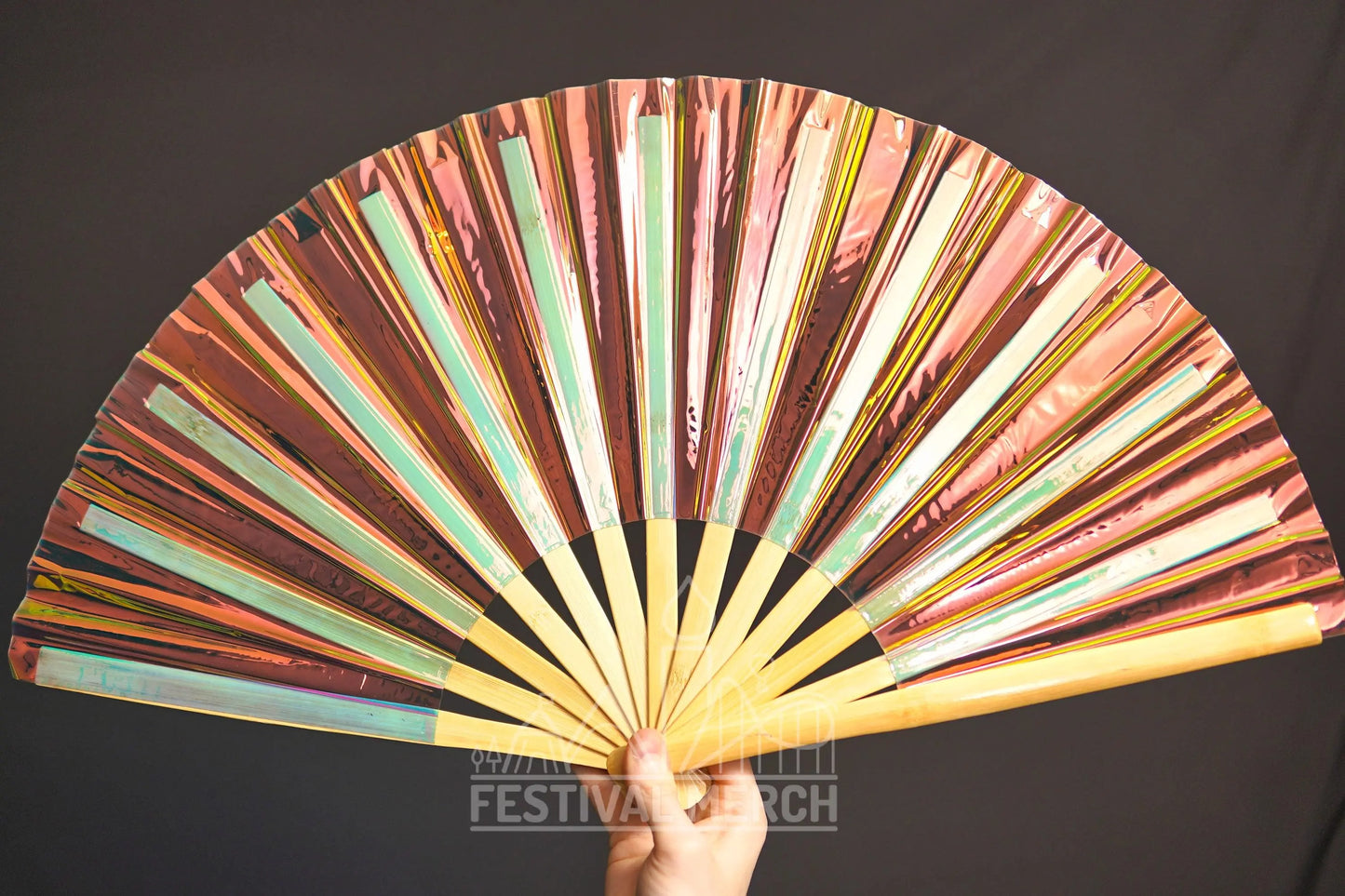 Iridescent Hand Fan XL Bamboo Festival Merch Vinyl Shimmer Clack Fan EDM Rave accessories Pride Festival Holographic Ibiza Holiday