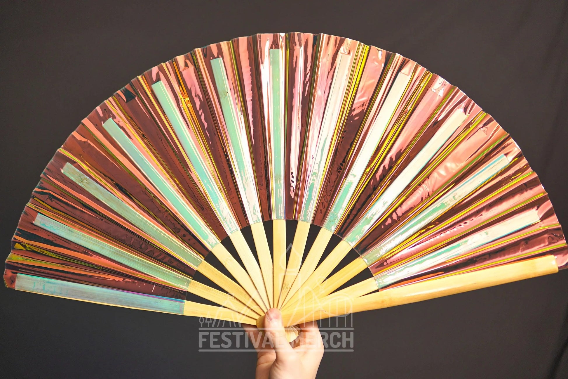 Iridescent Hand Fan XL Bamboo Festival Merch Vinyl Shimmer Clack Fan EDM Rave accessories Pride Festival Holographic Ibiza Holiday