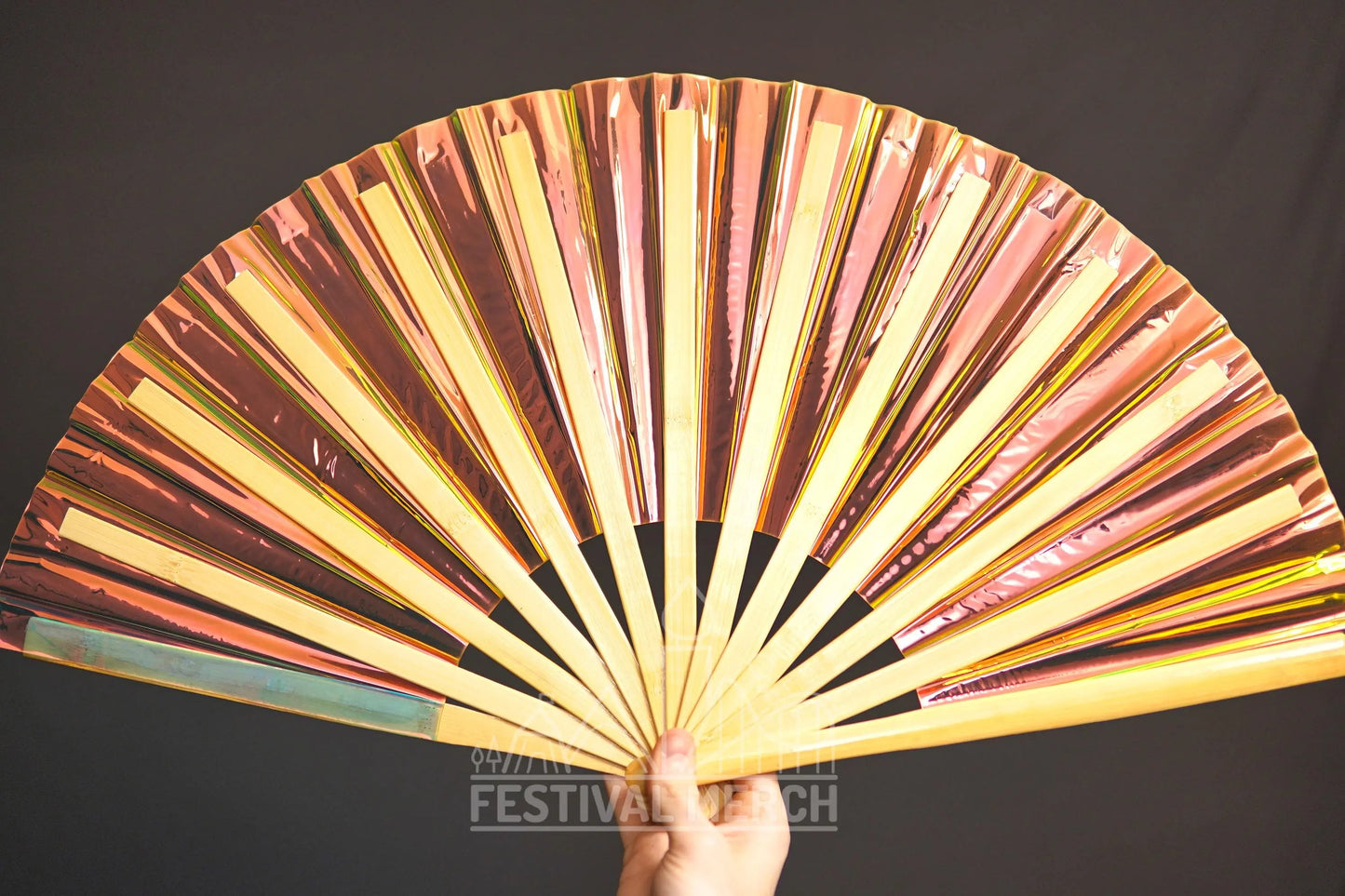 Iridescent Hand Fan XL Bamboo Festival Merch Vinyl Shimmer Clack Fan EDM Rave accessories Pride Festival Holographic Ibiza Holiday