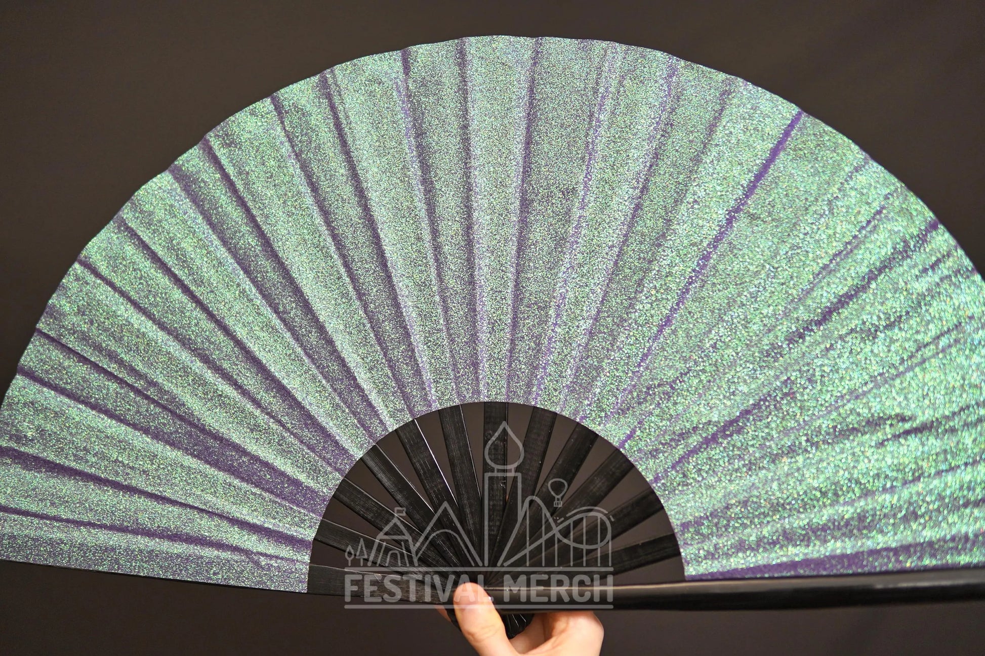 Iridescent Hand Fan XL Bamboo Festival Merch Vinyl Shimmer Clack Fan EDM Rave accessories Pride Festival Holographic Ibiza Holiday