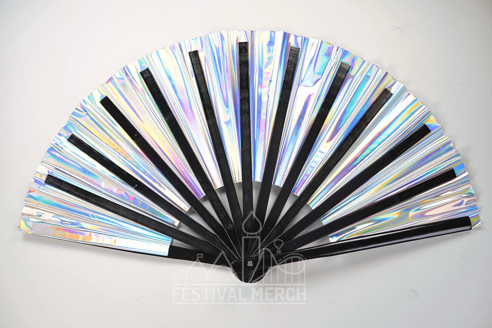 Iridescent Hand Fan XL Bamboo Festival Merch Vinyl Shimmer Clack Fan EDM Rave accessories Pride Festival Holographic Ibiza Holiday