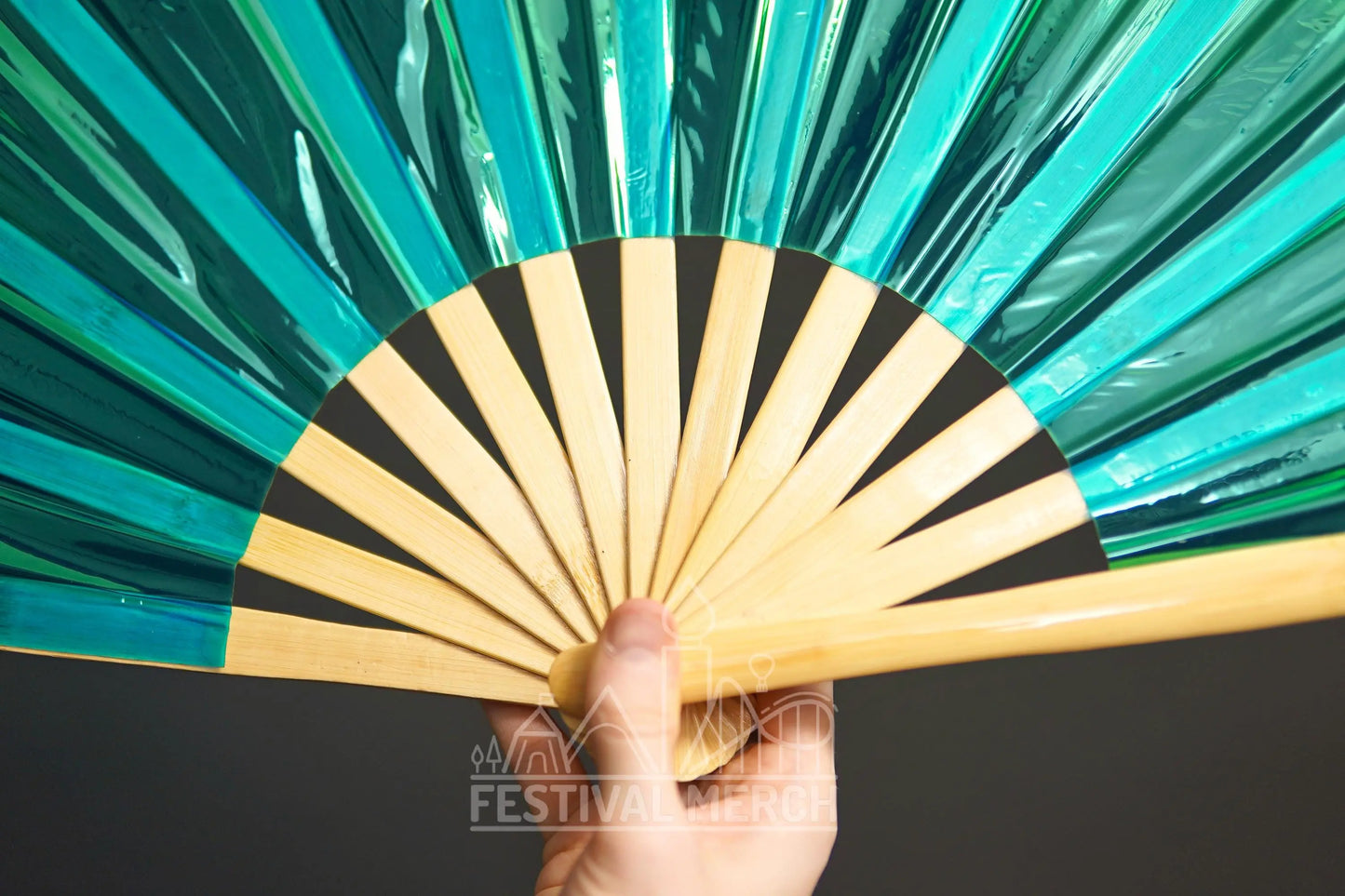 Iridescent Hand Fan XL Bamboo Festival Merch Vinyl Shimmer Clack Fan EDM Rave accessories Pride Festival Holographic Ibiza Holiday