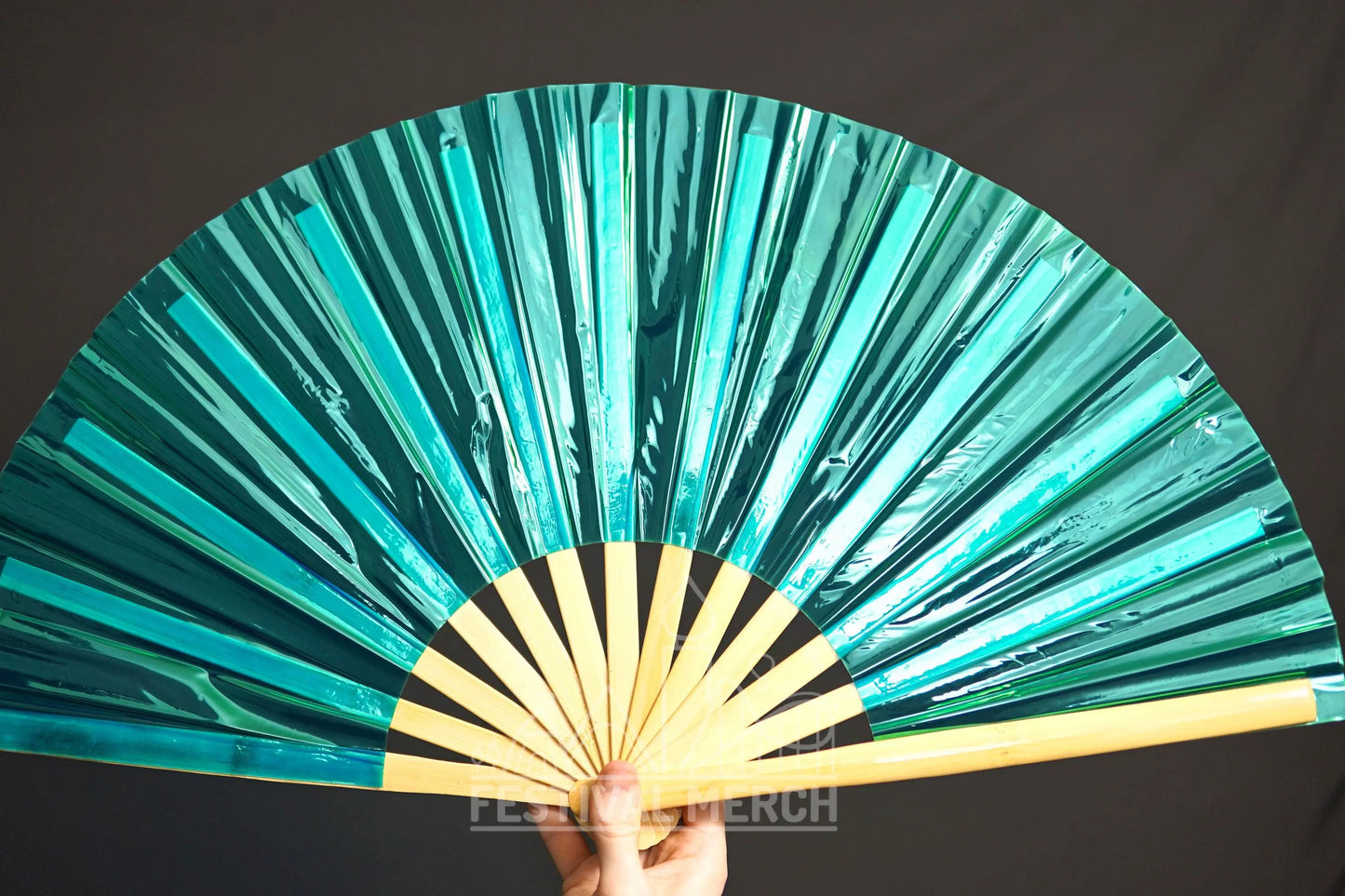 Iridescent Hand Fan XL Bamboo Festival Merch Vinyl Shimmer Clack Fan EDM Rave accessories Pride Festival Holographic Ibiza Holiday