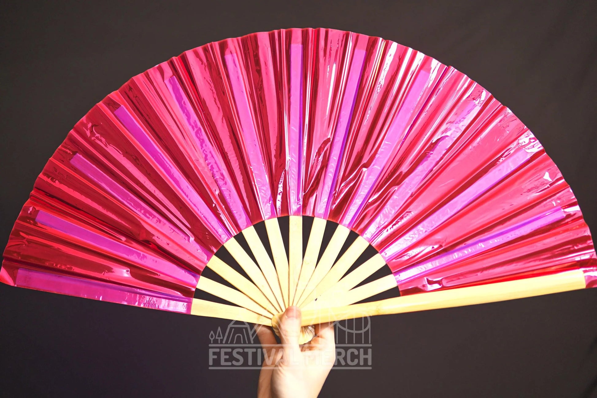 Iridescent Hand Fan XL Bamboo Festival Merch Vinyl Shimmer Clack Fan EDM Rave accessories Pride Festival Holographic Ibiza Holiday