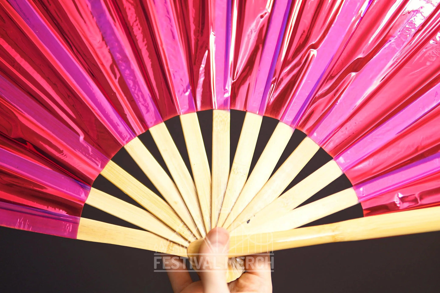 Iridescent Hand Fan XL Bamboo Festival Merch Vinyl Shimmer Clack Fan EDM Rave accessories Pride Festival Holographic Ibiza Holiday