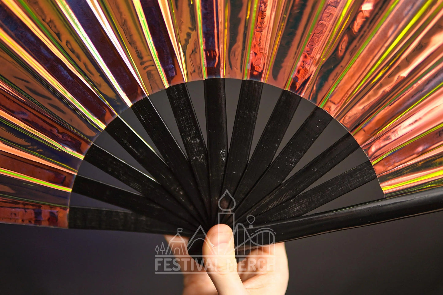 Iridescent Hand Fan XL Bamboo Festival Merch Vinyl Shimmer Clack Fan EDM Rave accessories Pride Festival Holographic Ibiza Holiday