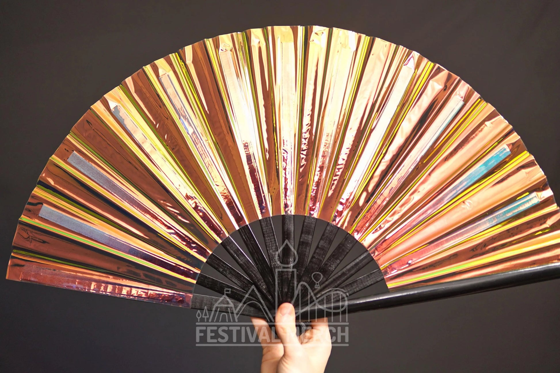 Iridescent Hand Fan XL Bamboo Festival Merch Vinyl Shimmer Clack Fan EDM Rave accessories Pride Festival Holographic Ibiza Holiday