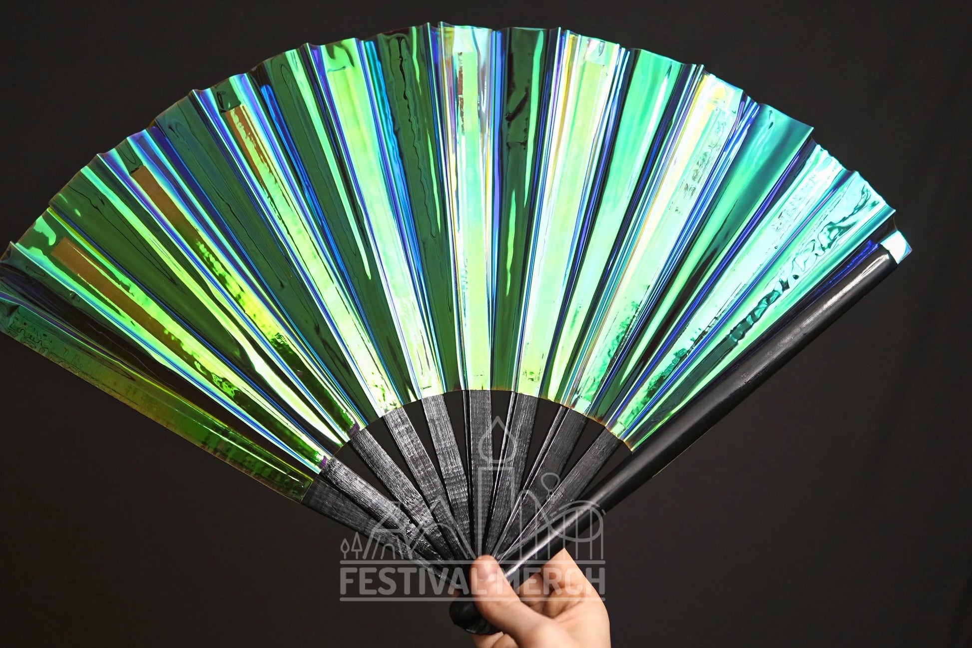 Iridescent Hand Fan XL Bamboo Festival Merch Vinyl Shimmer Clack Fan EDM Rave accessories Pride Festival Holographic Ibiza Holiday