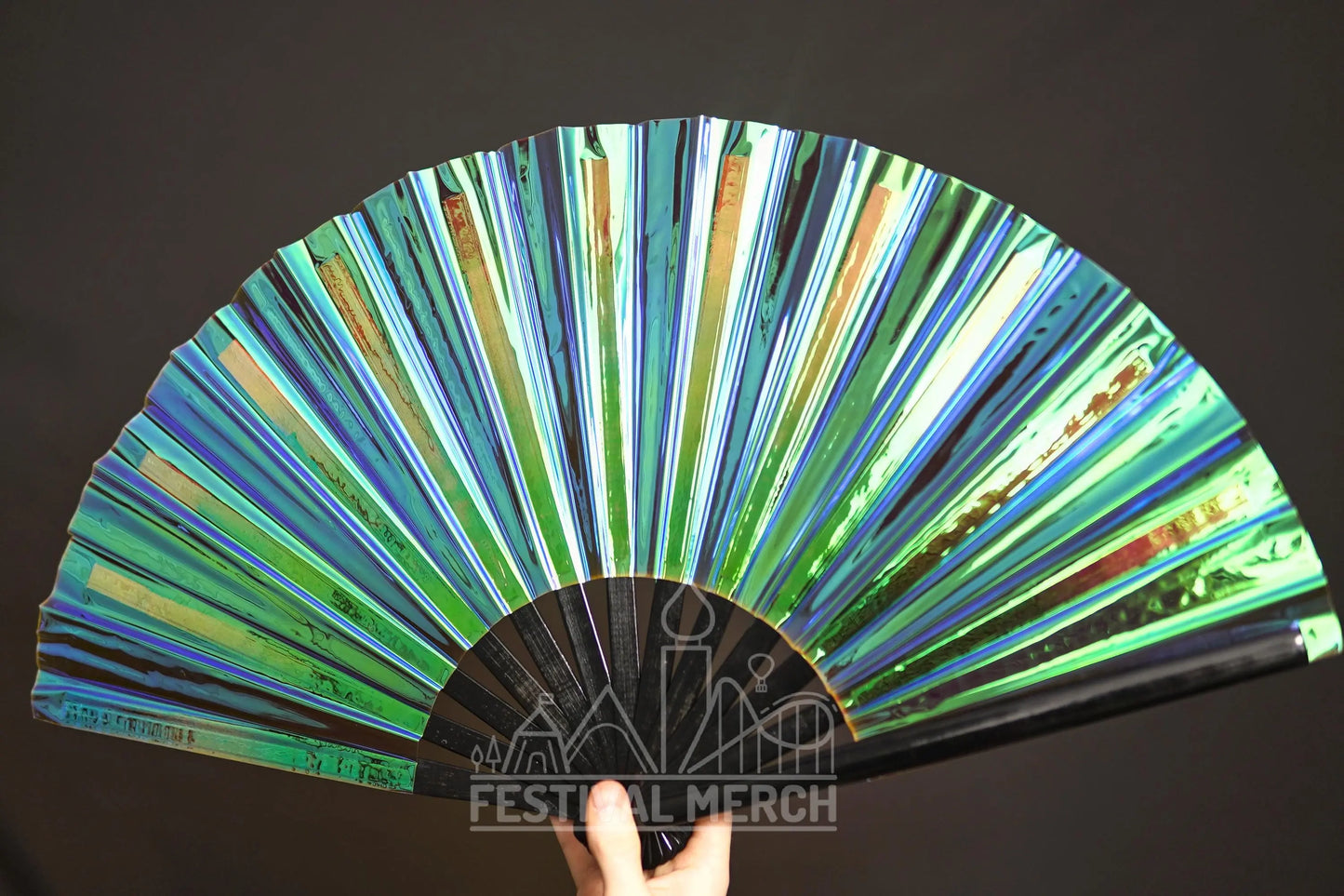 Iridescent Hand Fan XL Bamboo Festival Merch Vinyl Shimmer Clack Fan EDM Rave accessories Pride Festival Holographic Ibiza Holiday