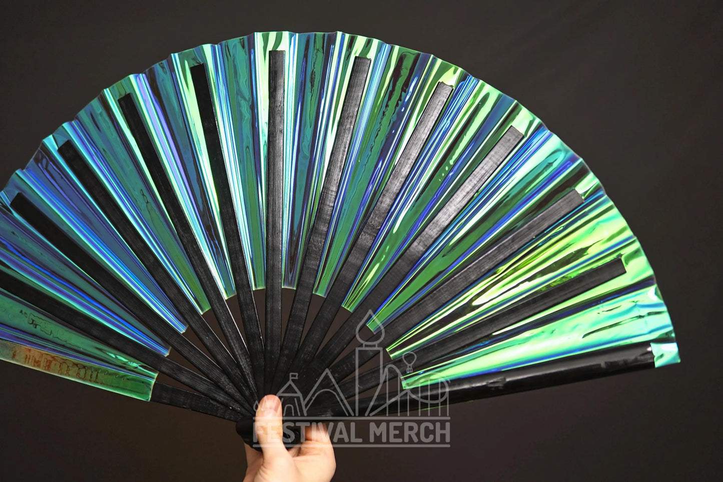 Iridescent Hand Fan XL Bamboo Festival Merch Vinyl Shimmer Clack Fan EDM Rave accessories Pride Festival Holographic Ibiza Holiday