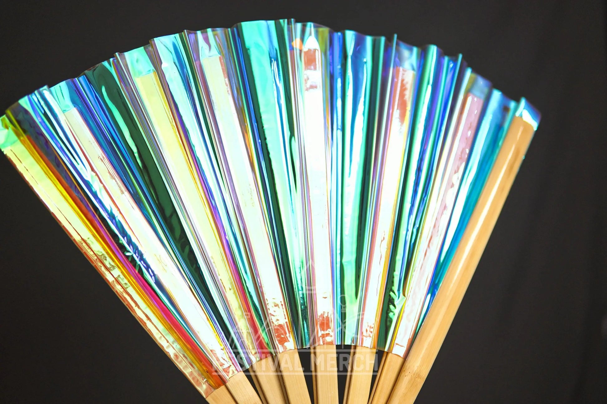 Iridescent Hand Fan XL Bamboo Festival Merch Vinyl Shimmer Clack Fan EDM Rave accessories Pride Festival Holographic Ibiza Holiday