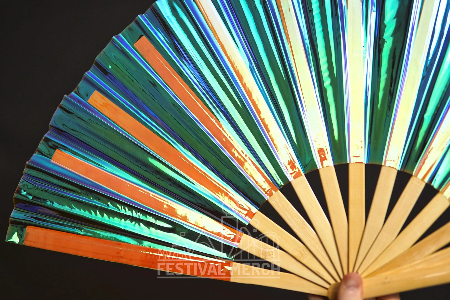 Iridescent Hand Fan XL Bamboo Festival Merch Vinyl Shimmer Clack Fan EDM Rave accessories Pride Festival Holographic Ibiza Holiday