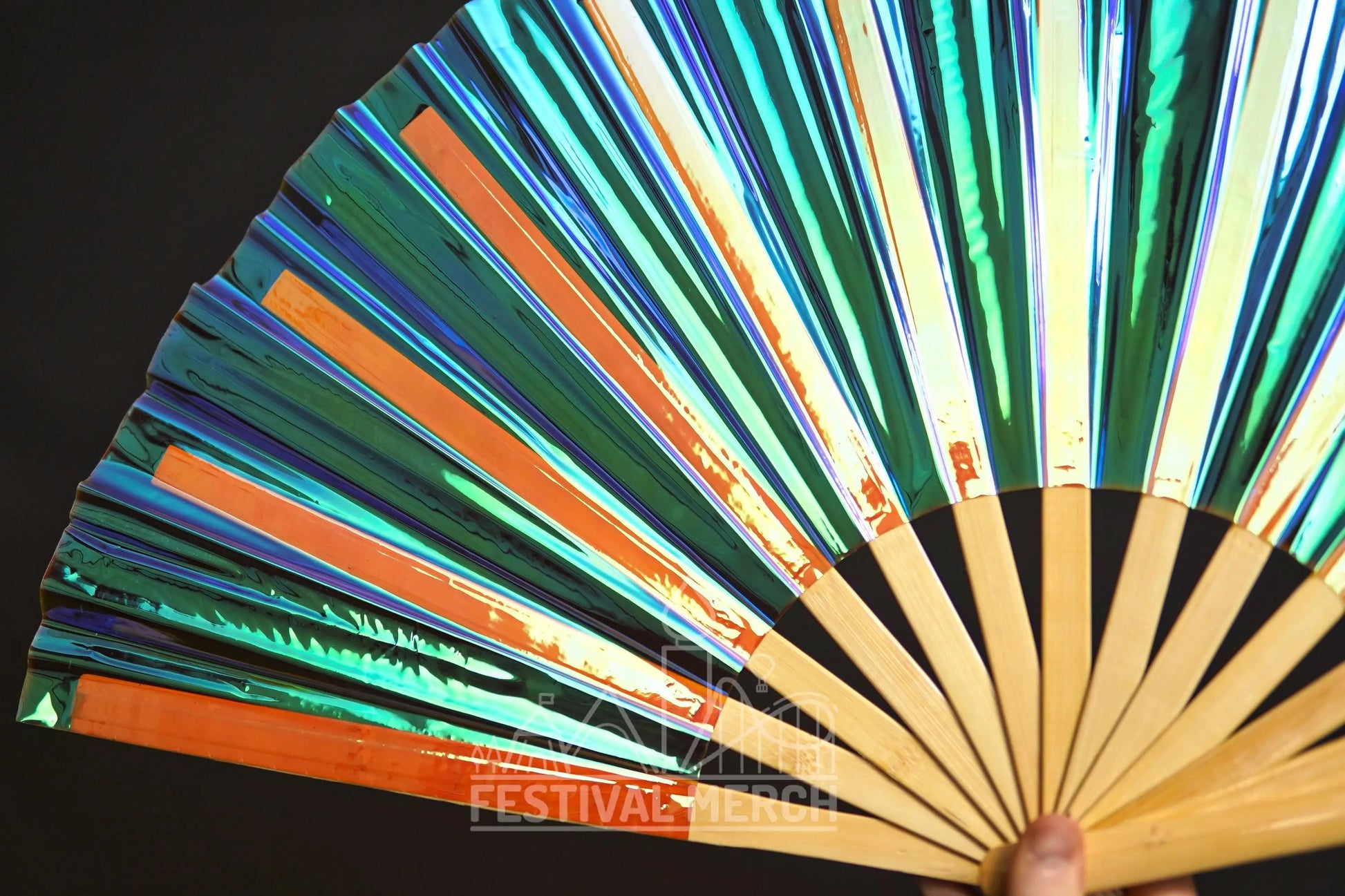 Iridescent Hand Fan XL Bamboo Festival Merch Vinyl Shimmer Clack Fan EDM Rave accessories Pride Festival Holographic Ibiza Holiday