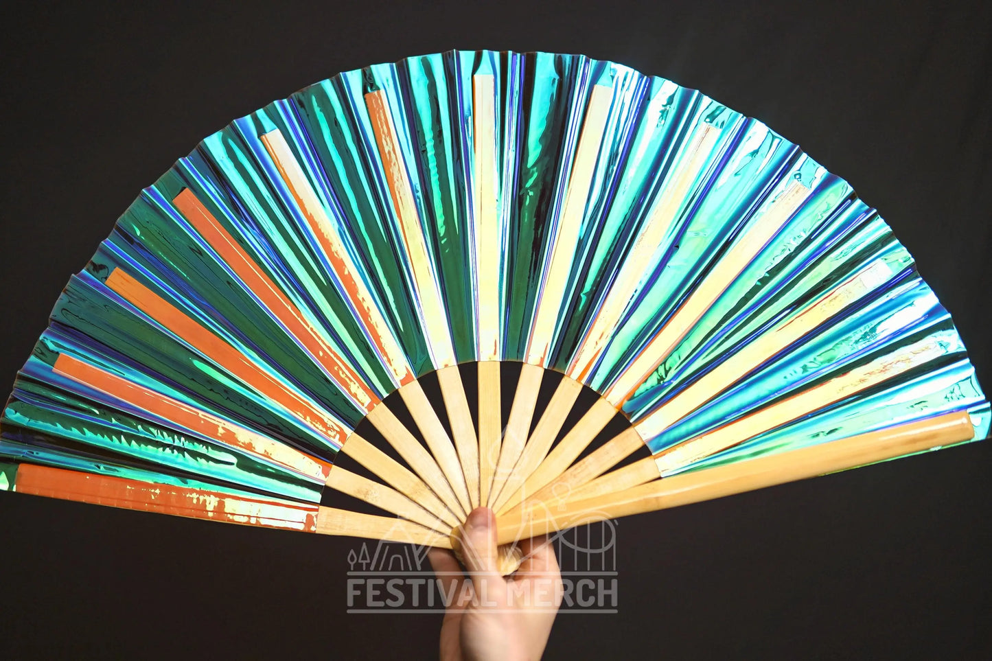 Iridescent Hand Fan XL Bamboo Festival Merch Vinyl Shimmer Clack Fan EDM Rave accessories Pride Festival Holographic Ibiza Holiday