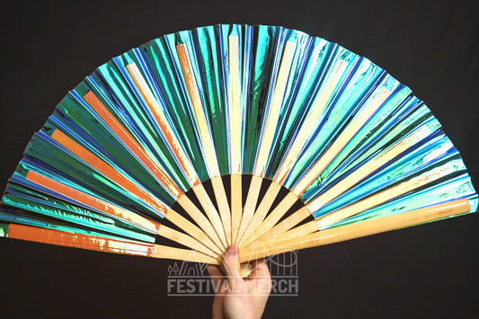 Iridescent Hand Fan XL Bamboo Festival Merch Vinyl Shimmer Clack Fan EDM Rave accessories Pride Festival Holographic Ibiza Holiday