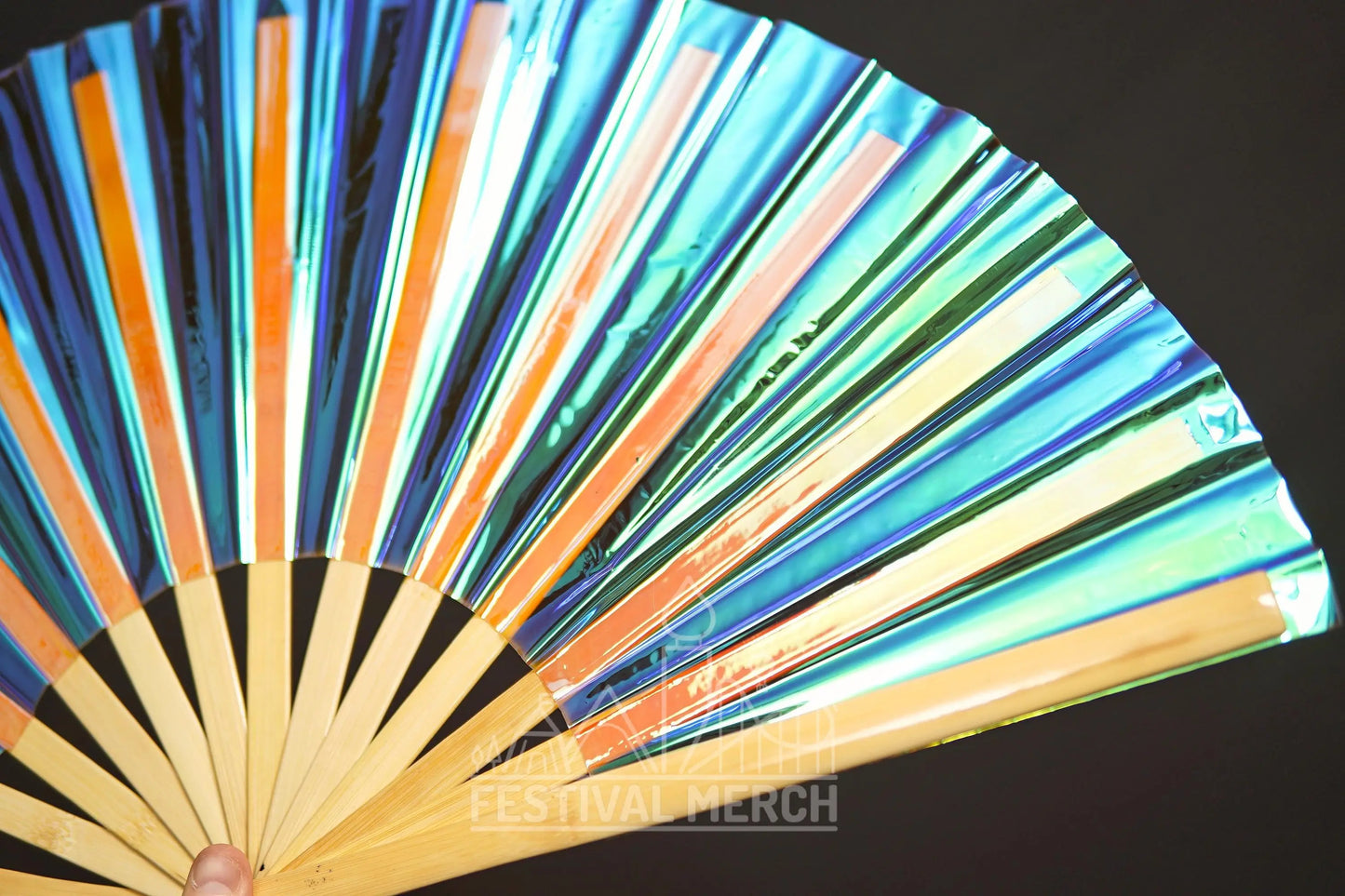 Iridescent Hand Fan XL Bamboo Festival Merch Vinyl Shimmer Clack Fan EDM Rave accessories Pride Festival Holographic Ibiza Holiday