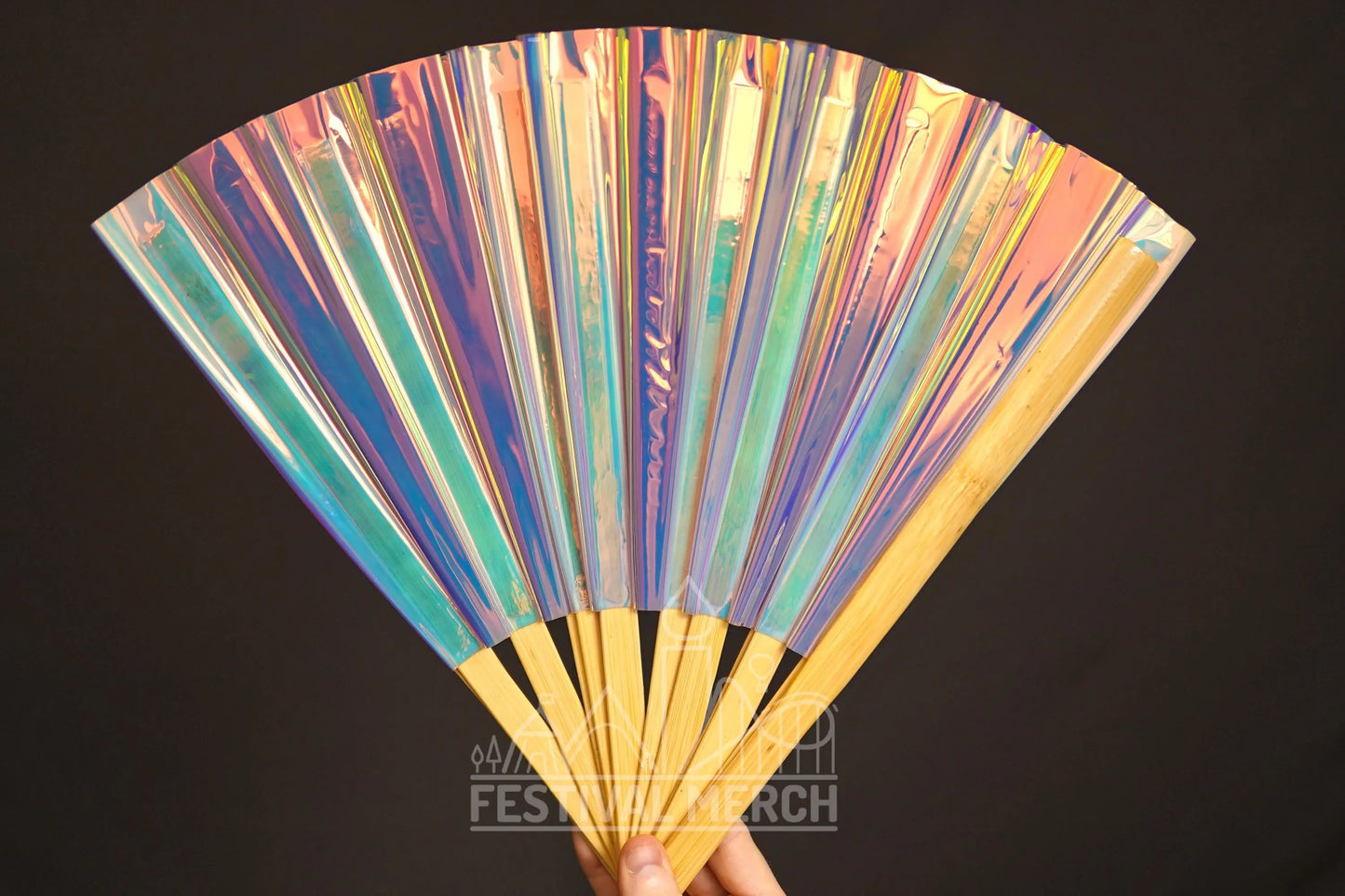 Iridescent Hand Fan XL Bamboo Festival Merch Vinyl Shimmer Clack Fan EDM Rave accessories Pride Festival Holographic Ibiza Holiday