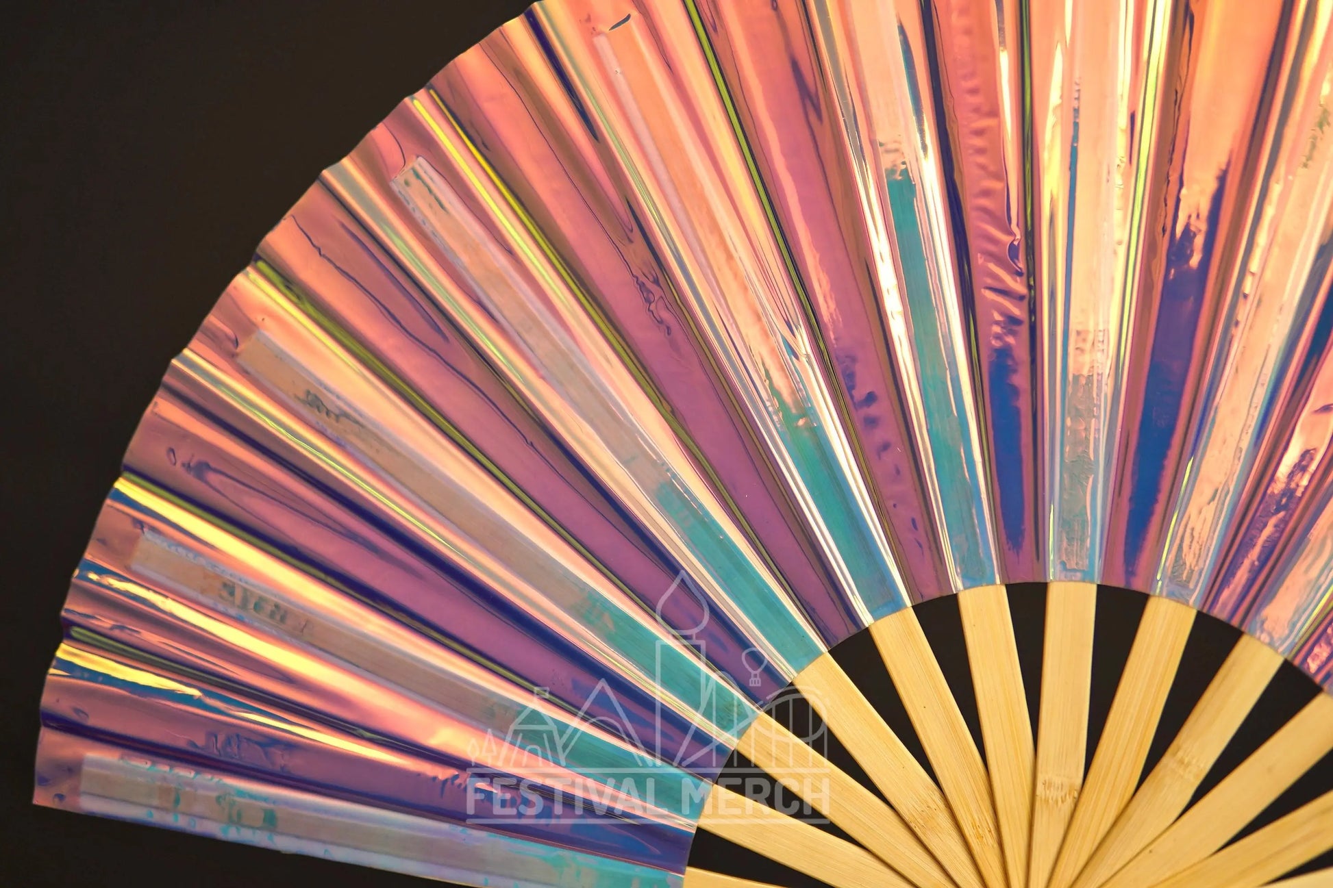 Iridescent Hand Fan XL Bamboo Festival Merch Vinyl Shimmer Clack Fan EDM Rave accessories Pride Festival Holographic Ibiza Holiday
